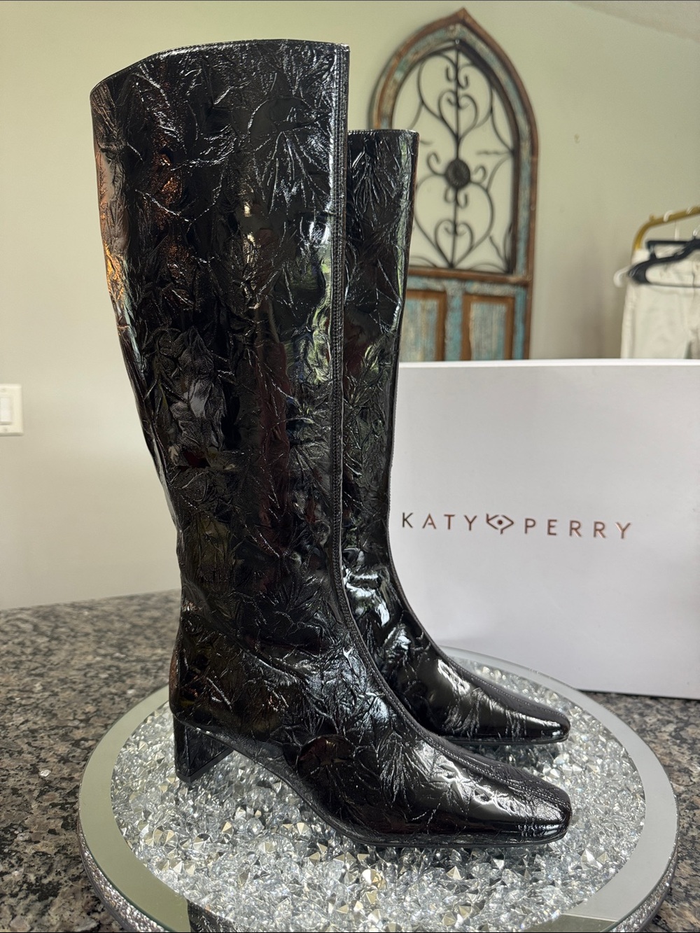 Katy Perry Collections Black Patent Embossed Knee kitten heel Boots NEW 6